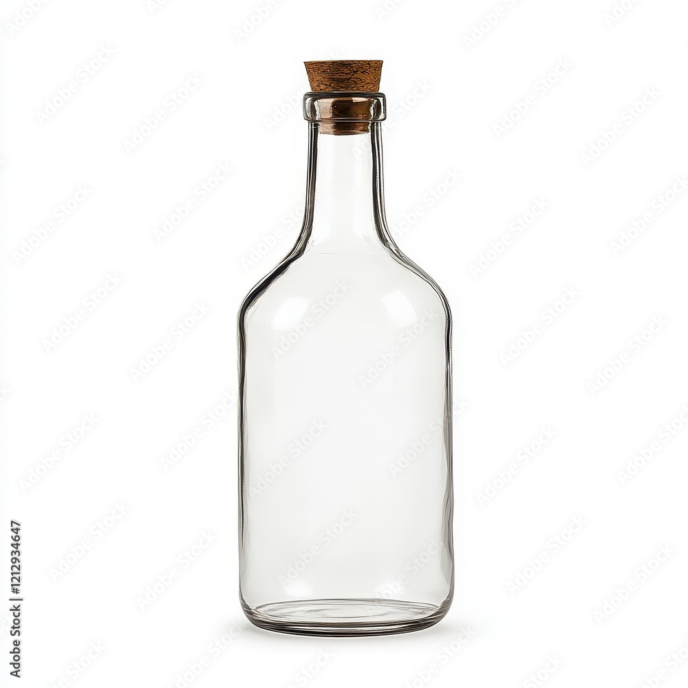Empty glass bottle with cork stopper showcasing a sleek and elegant design in minimalistic style Empty glass bottle with cork stopper showcasing a sleek and elegant design in minimalistic style