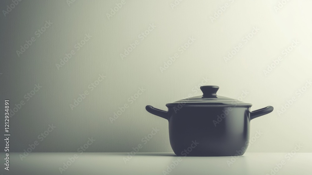 Black cooking pot on a simple countertop with soft natural light highlighting its smooth surface Black cooking pot on a simple countertop with soft natural light highlighting its smooth surface
