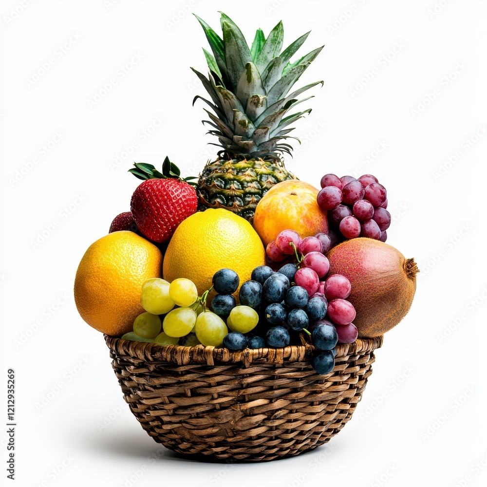 A vibrant assortment of fresh fruits in a rustic basket featuring pineapple, grapes, strawberries, and more. A vibrant assortment of fresh fruits in a rustic basket featuring pineapple, grapes, strawberries, and more.