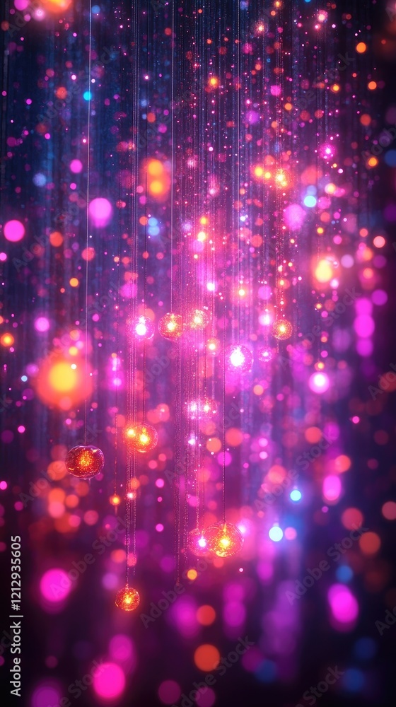 Vibrant Glowing Spheres Illuminate Dark Background, Cascading Lights Create Dazzling Festive Atmosphere, Magical Shimmering Bokeh Effect. Vibrant Glowing Spheres Illuminate Dark Background, Cascading Lights Create Dazzling Festive Atmosphere, Magical Shimmering Bokeh Effect.