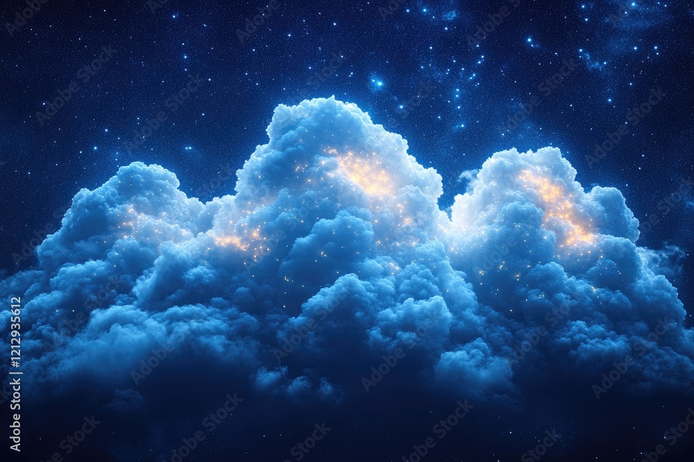 Naklejka premium Celestial Cloudscapes: Night Sky Wonders, Illuminated Clouds, Glowing Nebulae, Starry Night, Cosmic Dreamscapes, Mystical Atmosphere, Dreamlike