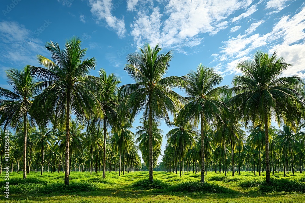 A sunny day in a tropical palm tree plantation A sunny day in a tropical palm tree plantation