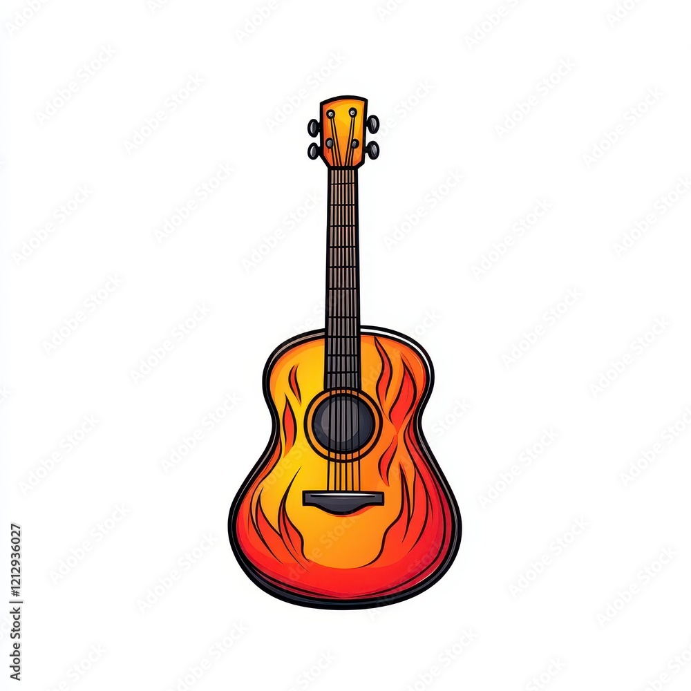 Naklejka premium A vibrant acoustic guitar with a fiery paint design, capturing the essence of passion and creativity in music.