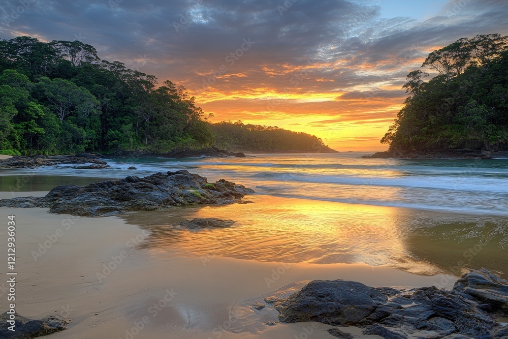 Serene sunset over a tranquil beach with rocky formations and lush greenery in the background Serene sunset over a tranquil beach with rocky formations and lush greenery in the background