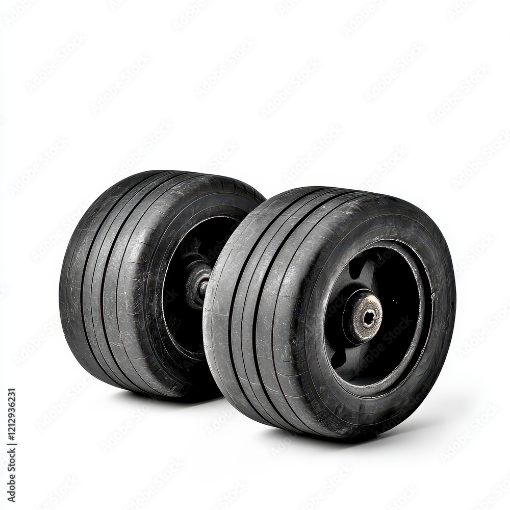 Set of two worn-out racing tires on a white background, highlighting their grooves and details, perfect for automotive-related projects. Set of two worn-out racing tires on a white background, highlighting their grooves and details, perfect for automotive-related projects.