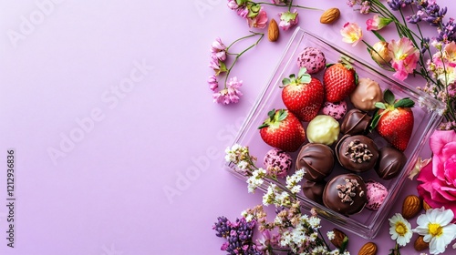 A trendy transparent sweetbox with edible floral arrangements, chocolate strawberries, and candied nuts, on a pastel lavender background photo