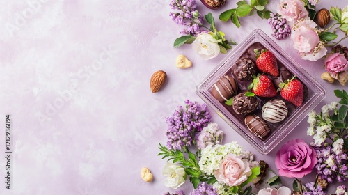 A trendy transparent sweetbox with edible floral arrangements, chocolate strawberries, and candied nuts, on a pastel lavender background photo