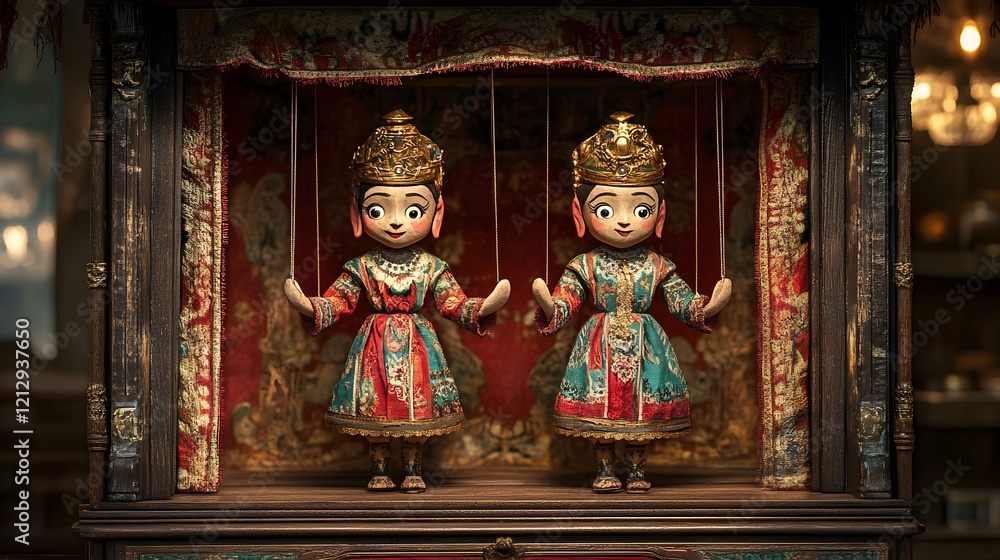 Fototapeta premium Traditional Twin Marionettes in Ornate Theater Setting
