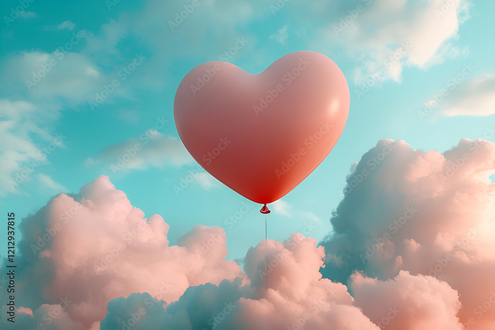 Fototapeta premium Heart-shaped balloon floating among fluffy clouds in a clear blue sky, Valentine's Day background