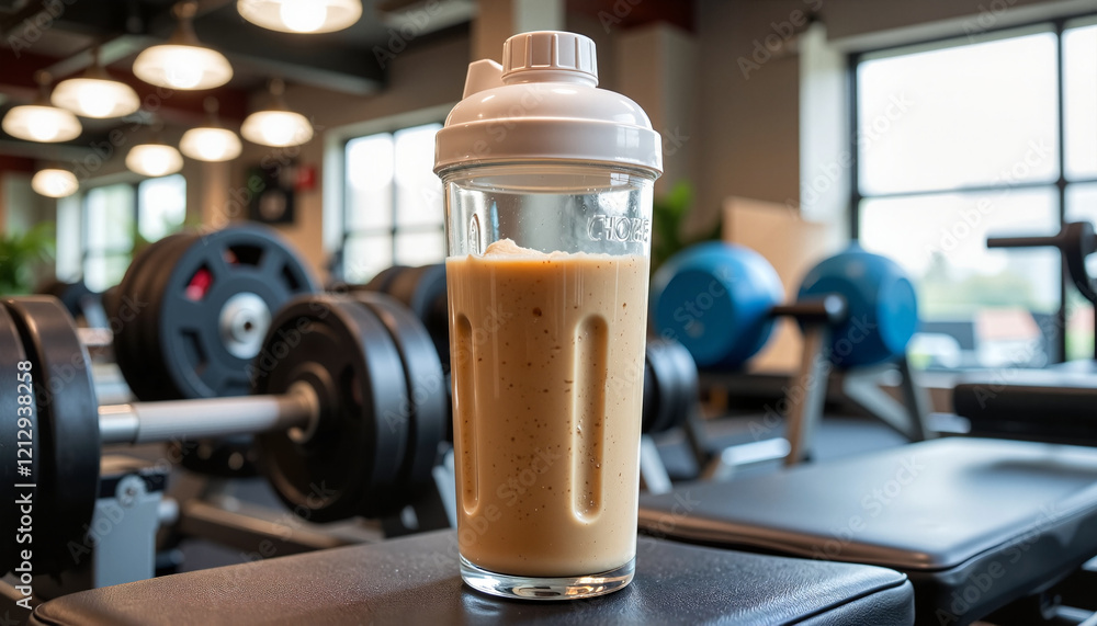 Protein shake in gym, healthy lifestyle, fitness environment, copy space