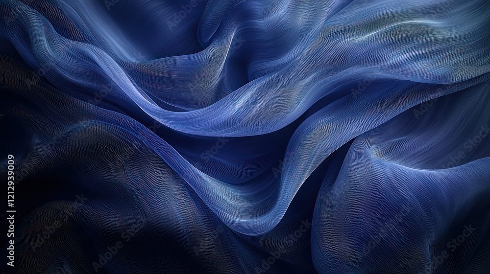 Fototapeta premium Flowing blue fabric drapes with background shadows.