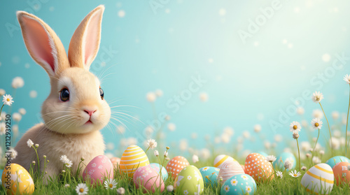 easter bunny with easter eggs banner, copy space for text, generative ai