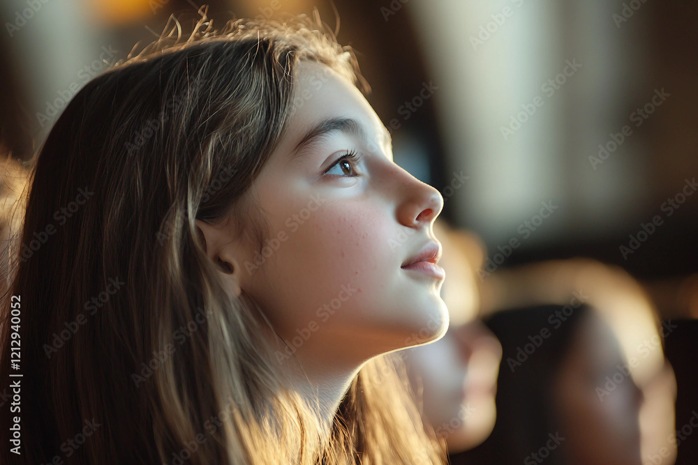 Naklejka premium Children Singing in Church Choir with Focused Expressions, Generative AI