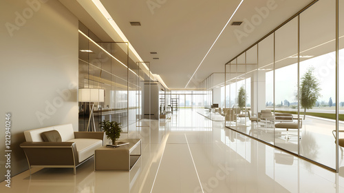 Modern office interior with a beautiful long corridor. generative ai.