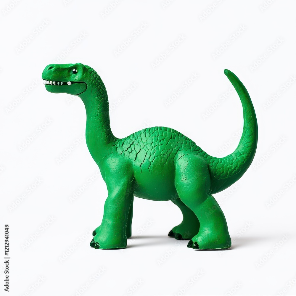 Naklejka premium A vibrant green dinosaur toy standing proudly on a white background, showcasing its playful design and friendly appearance.