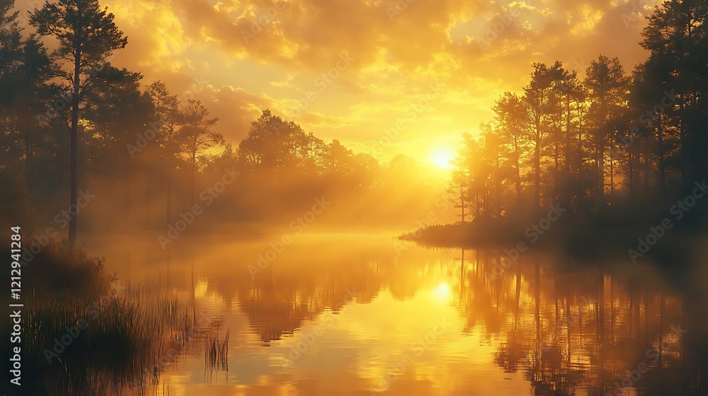 Fototapeta premium Golden sunrise over misty lake reflecting trees.