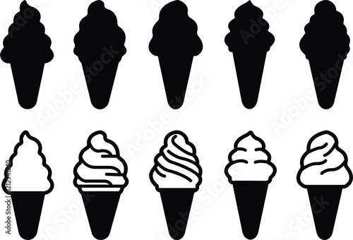 Ice cream constructor icon in flat, line set. frozen milk sweets toppings scoop waffle cone yogurt chocolate vanilla flavors, exact isolated on transparent background vector for apps or website