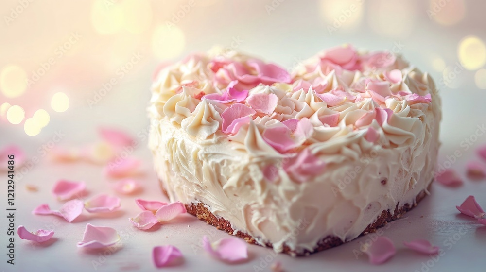 Heart shaped cake adorned with pink rose petals and a soft bokeh background Heart shaped cake adorned with pink rose petals and a soft bokeh background