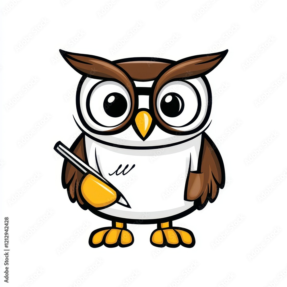 Obraz premium Cute cartoon owl character holding a pen, ready to write in a notebook while wearing reading glasses