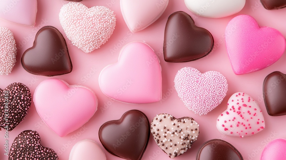 Top view of many heart shaped candies, valentine's day wallpaper, wedding, sweet love symbol Top view of many heart shaped candies, valentine's day wallpaper, wedding, sweet love symbol