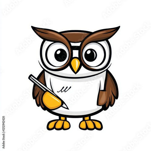 Cute cartoon owl character holding a pen, ready to write in a notebook while wearing reading glasses photo