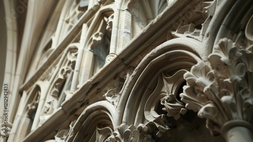 Close-up of intricate gothic stone carvings on a cathedral facade. Symmetrical patterns and detailed ornamentation ideal for architectural and historical themes. photo