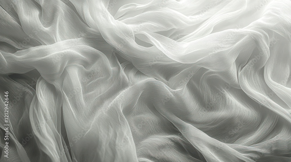 Fototapeta premium Flowing white sheer fabric draped background, soft texture.