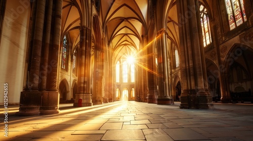 Quiet niche in a historic cathedral filled with sunlight and shadows. Gothic details and serene ambiance make it perfect for religious and architectural concepts. photo