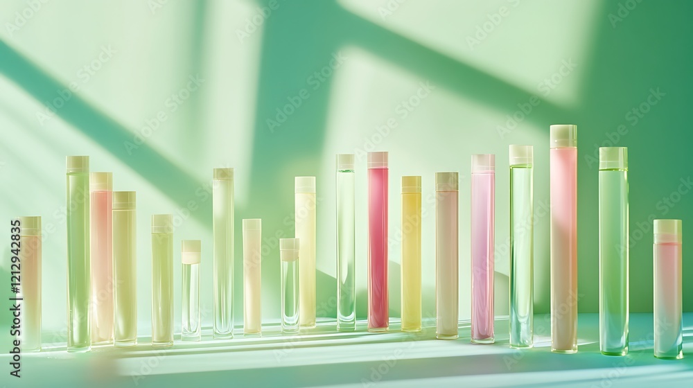 Obraz premium Cosmetic tubes arranged neatly against a soft pastel green surface with bright highlights