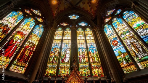 Exquisite gothic stained glass windows with vivid colors and symbolic patterns. A timeless expression of religious heritage and artistic craftsmanship.