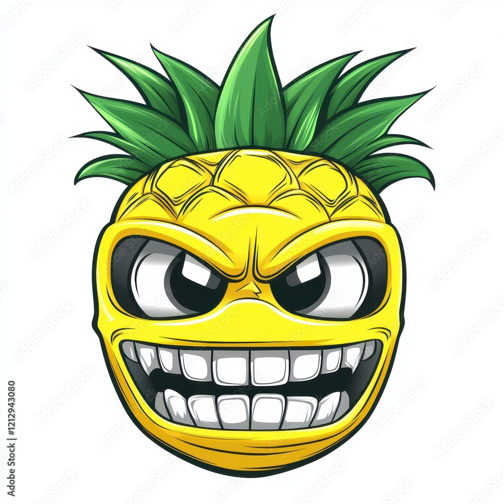 A cartoon pineapple character with an exaggerated angry expression and sharp teeth, set against a plain white background A cartoon pineapple character with an exaggerated angry expression and sharp teeth, set against a plain white background