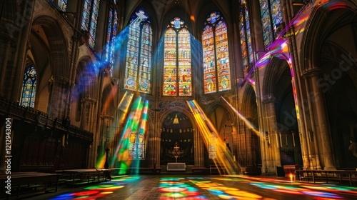 Colorful reflections from ornate stained glass windows in a historic cathedral. Bright and sacred atmosphere highlighting tradition and architectural beauty. photo