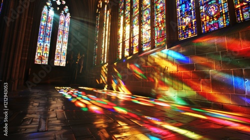 Vibrant stained glass windows in a gothic cathedral casting colorful light patterns. A serene and spiritual setting perfect for religious and artistic themes. photo