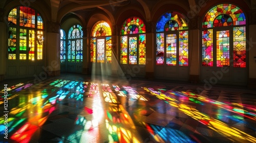 Vibrant stained glass windows in a gothic cathedral casting colorful light patterns. A serene and spiritual setting perfect for religious and artistic themes. photo