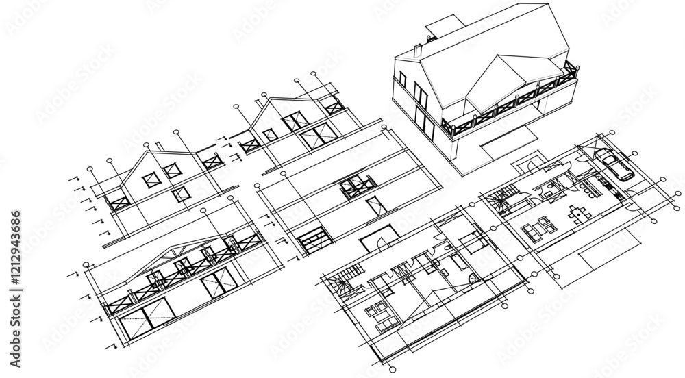 Fototapeta premium cottage planning sketch 3d illustration