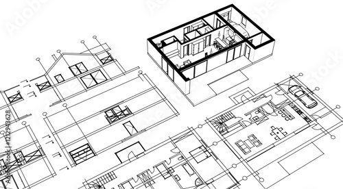 cottage planning sketch 3d illustration