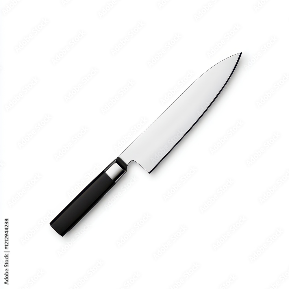 Professional chef's knife showcasing a sleek design, sharp blade, and ergonomic black handle against a white background. Professional chef's knife showcasing a sleek design, sharp blade, and ergonomic black handle against a white background.
