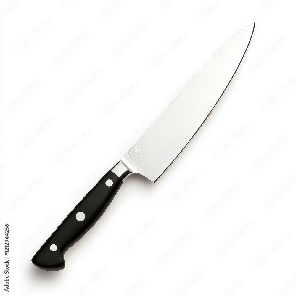 Chef's knife with a sleek design and shiny blade resting on a clean white background, perfect for culinary arts and kitchen tools. Chef's knife with a sleek design and shiny blade resting on a clean white background, perfect for culinary arts and kitchen tools.