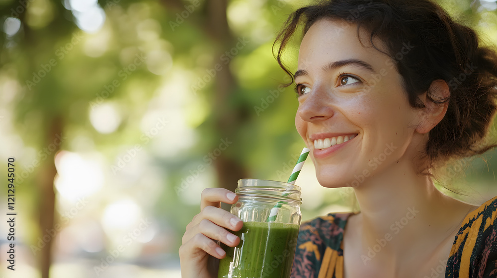 happy woman drinking green juice with a straw enjoying her summer vacation in the park happy woman drinking green juice with a straw enjoying her summer vacation in the park