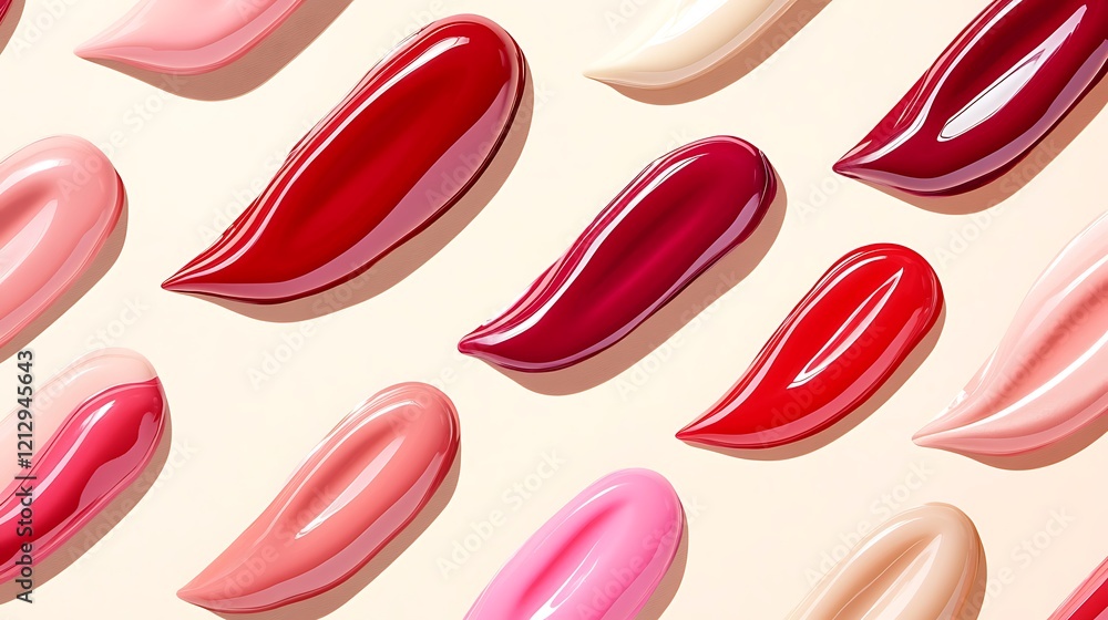 Lip glosses and beauty creams arranged in a creative pattern on a pastel cream background Lip glosses and beauty creams arranged in a creative pattern on a pastel cream background