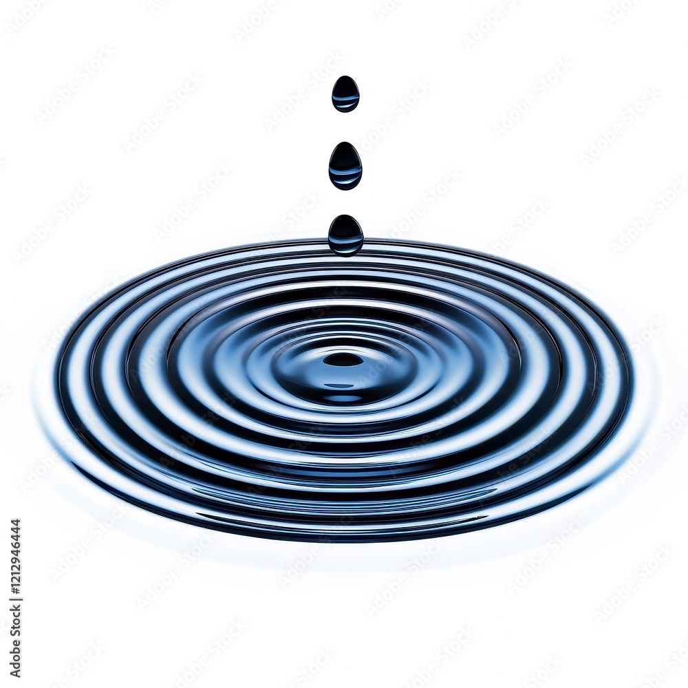 Close-up view of water droplets creating ripples on a smooth surface, illustrating tranquility and fluid motion Close-up view of water droplets creating ripples on a smooth surface, illustrating tranquility and fluid motion
