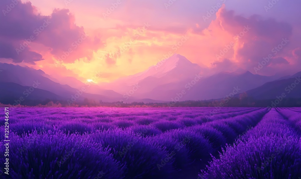 Lavender field at sunset with mountain backdrop. Lavender field at sunset with mountain backdrop.