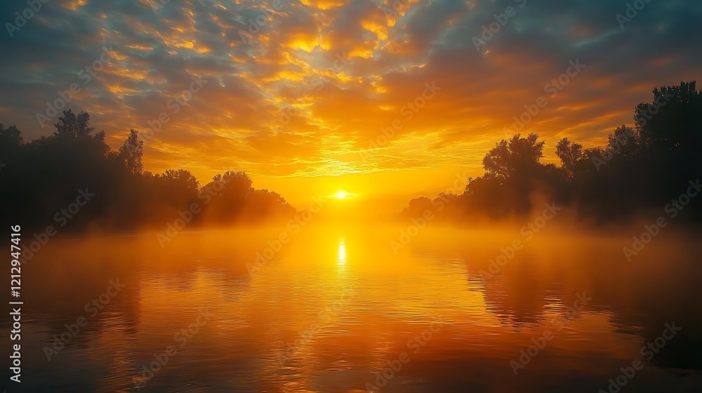 Misty sunrise over calm water with trees silhouetted against a fiery sky. Misty sunrise over calm water with trees silhouetted against a fiery sky.
