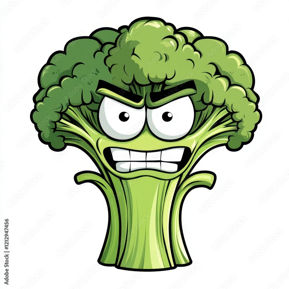 Angry cartoon broccoli character with exaggerated facial features and expression, suitable for children's illustrations and food-related designs.