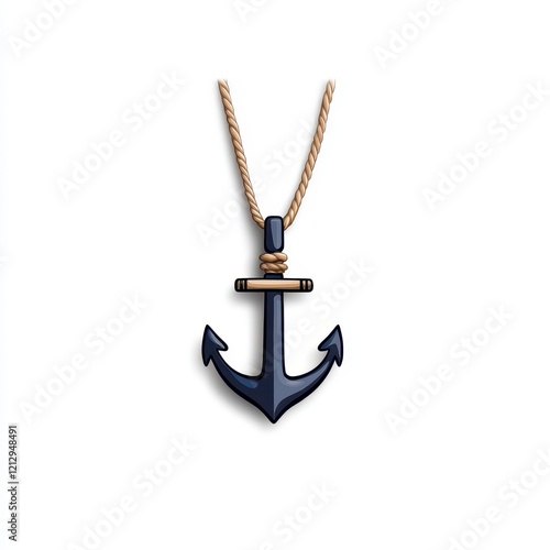 Stylized blue anchor pendant on a rope necklace with a simple and modern design, ideal for nautical-themed fashion statements. photo