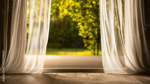 White curtains on the windowsill in the morning. Sunlight through the window. 