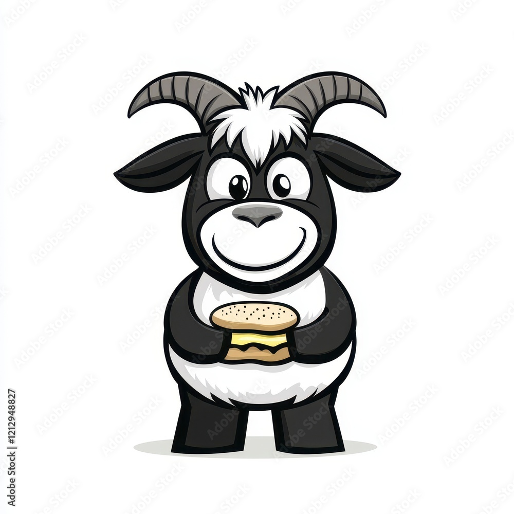 A cheerful cartoon goat character happily holding a delicious hamburger showcasing a fun and playful theme. A cheerful cartoon goat character happily holding a delicious hamburger showcasing a fun and playful theme.