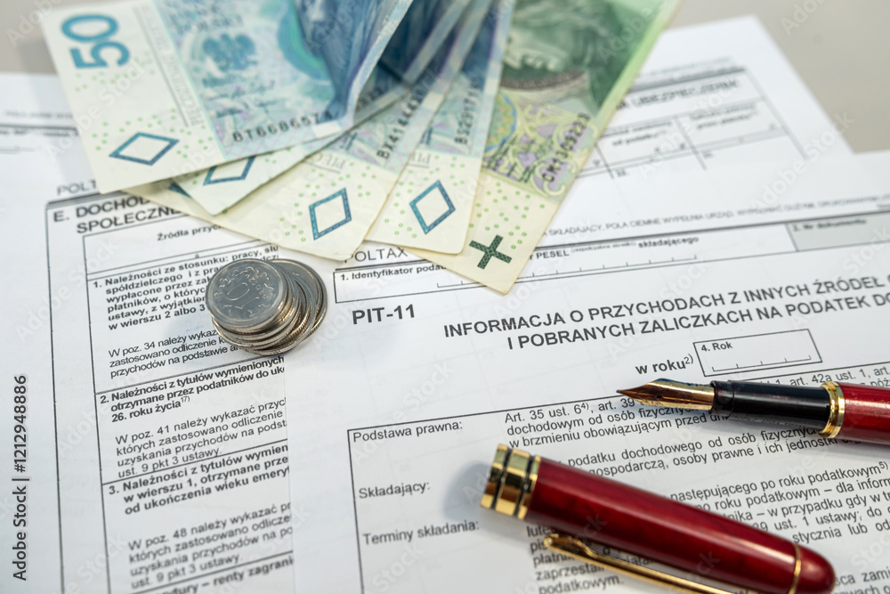 revenues from income tax form PIT-11 with pln zloty money with pen on office table. revenues from income tax form PIT-11 with pln zloty money with pen on office table.