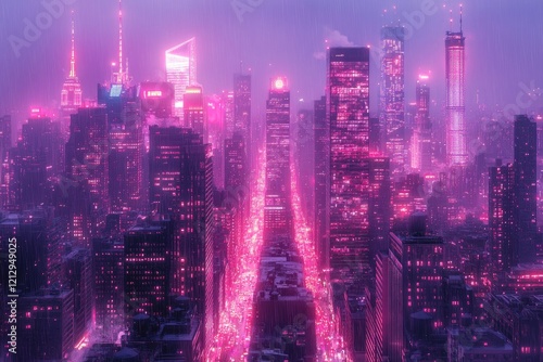 Wallpaper Mural Neon City Nightscapes: Rain-Soaked Streets and Glowing Skyscrapers in a Futuristic Metropolis, Showcasing Architectural Marvels Under a Vivid Pink Sky; A Digital Art Exploration of Urban Environments. Torontodigital.ca