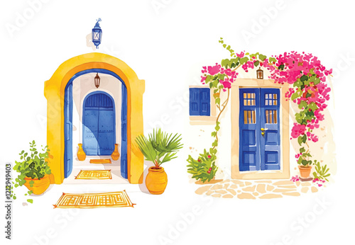 Watercolor wooden door entwined with flowers. Cute image suitable for cards, invitations, weddings, fabric making cozy door with flowers on white background